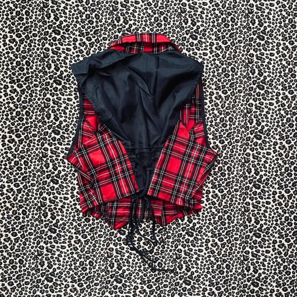 vintage plaid lace-up crop vest - Picture 3 of 6